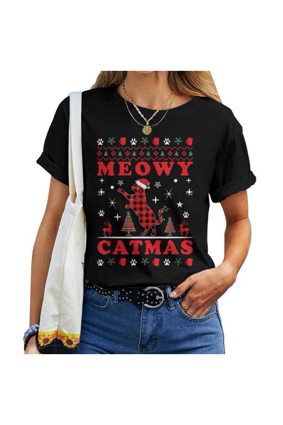 We Wish You a Meowy Catmas Christmas Ugly Sweater Style Graphic Tee Unisex Adult Cotton Holiday Gift for Cat Lovers, Size 2XL, Color Black