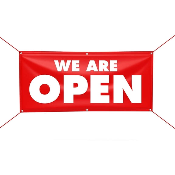We are Open Banner Sign, 13 oz Heavy Duty Waterproof We are Open Vinyl Banner with Metal Grommets, Large 3x8ft, Made in USA 36" x 96"