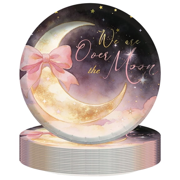 We are Over The Moon Baby Shower Girl Paper Plates Birthday Party Supplies Decorations 16pcs Tableware Disposable Dinnerware