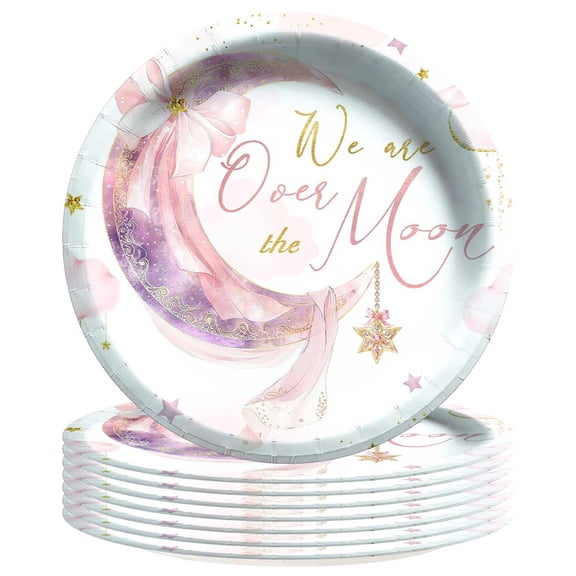We are Over The Moon Baby Shower Girl Paper Plates Birthday Party Supplies Decorations 8pcs Tableware Disposable Dinnerware