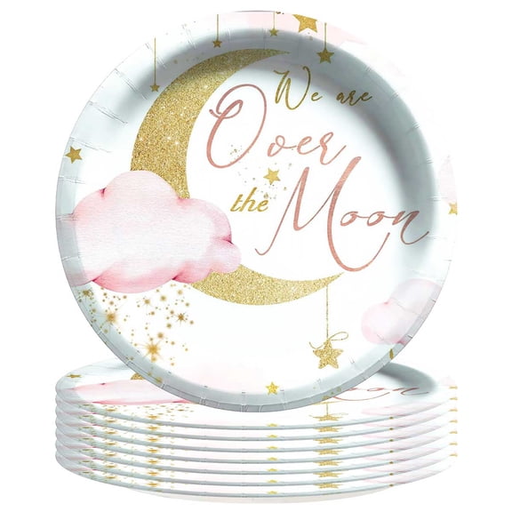 We are Over The Moon Baby Shower Girl Plates Birthday Decorations Party Supplies Tableware Disposable Dinnerware 8pcs