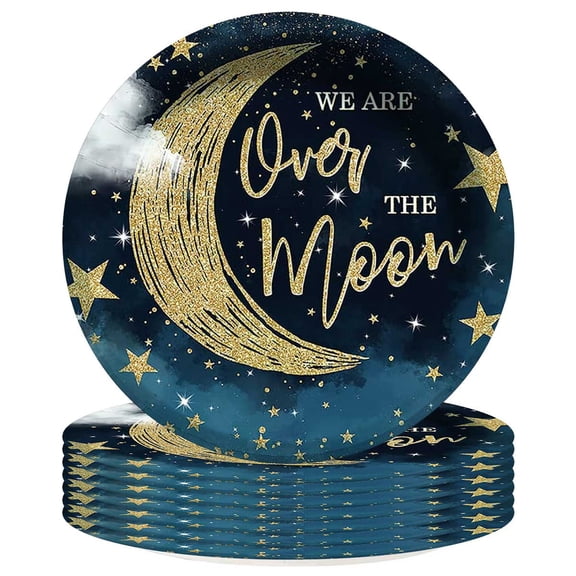 We are Over The Moon Baby Shower Plates Birthday Decorations Party Supplies Tableware Disposable Dinnerware 8pcs