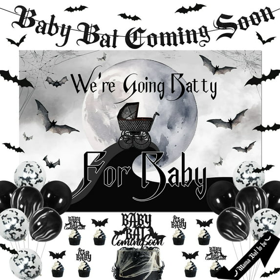 We‘re Going Batty for Baby Theme Halloween Baby Shower Decorations Baby Bat Coming Soon Banner Garland Halloween Theme Cupcake Toppers Sash 3D Bat Wall Stickers for Halloween Baby Shower Decor Favors