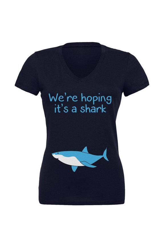 We're Hoping It's A Shark Juniors V-Neck T Shirt Navy X-LG