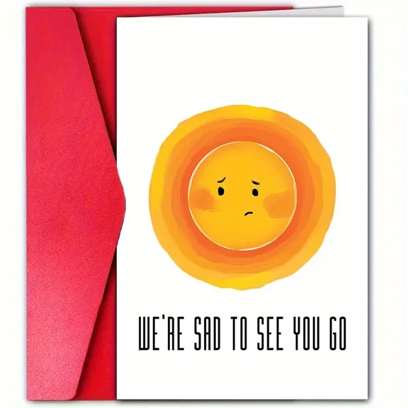 We're Sad to See You Go Card  Adorable Sun Illustration with Heartfelt Message  Blank Inside, Envelope Included  Perfect Farewell or Goodbye Gift