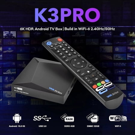 We2USat K3 Pro Smart TV Box, 4GB RAM 32GB Storage, 6K Ultra HD, Dual Band WiFi, Bluetooth 5.0, Voice Control Remote