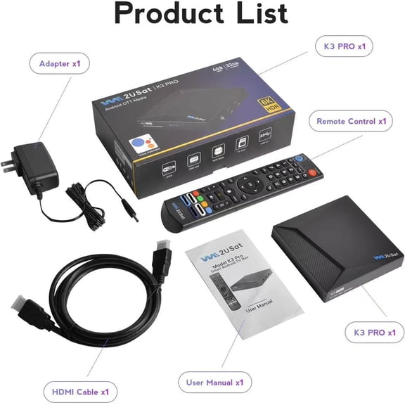 We2USat K3 Pro Smart TV Box, 4GB RAM 32GB Storage, 6K Ultra HD, Voice Control Remote