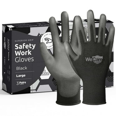 WeCare Black Working Gloves with PU Coating (L) - 3 Pairs of Safety Work Gloves - Construction, Gardening, Electric Gloves