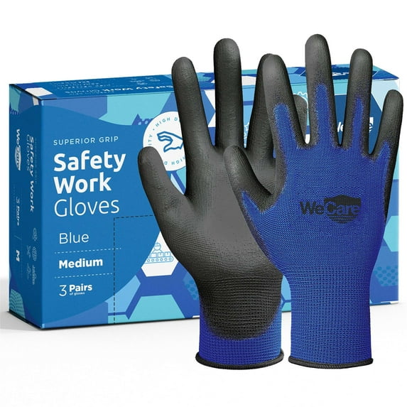 WeCare Safety Work Gloves PU Coated, Superior Grip (Medium) - 3-Pair - Blue