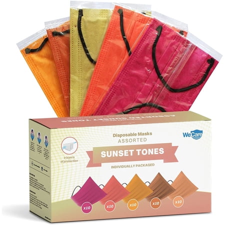 WeCare Disposable Face Mask, 3-Ply with Ear Loop (50 Individually Wrapped) - Assorted Sunset Tones