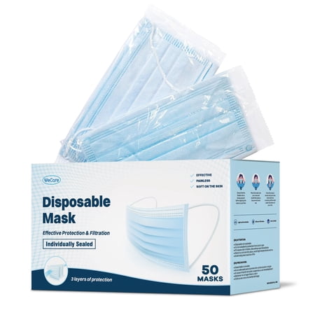 WeCare Disposable Face Mask, 3-Ply with Ear Loop (50 Individually Wrapped) - Blue