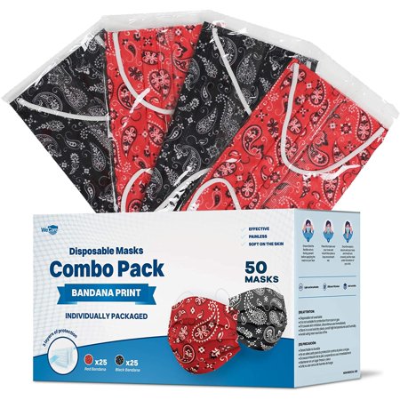 WeCare Disposable Face Mask, 3-Ply with Ear Loop (50 Individually Wrapped) - Combo Pack - Bandana Print