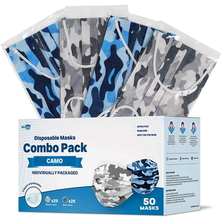 WeCare Disposable Face Mask, 3-Ply with Ear Loop (50 Individually Wrapped) - Combo Pack - Camo Print