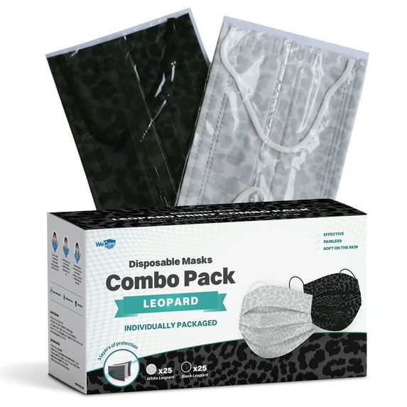 WeCare Disposable Face Mask, 3-Ply with Ear Loop (50 Individually Wrapped) - Combo Pack - Leopard