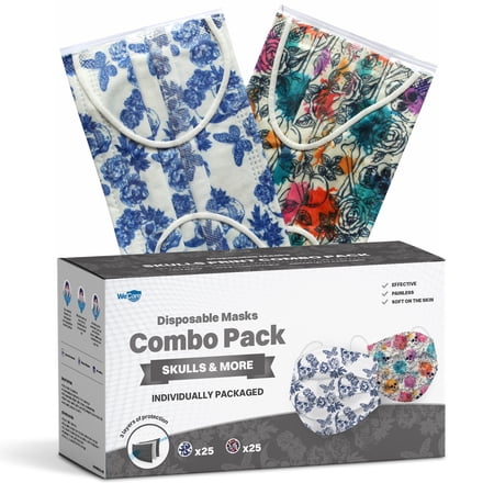 WeCare Disposable Face Mask, 3-Ply with Ear Loop (50 Individually Wrapped) - Combo Pack - Skulls