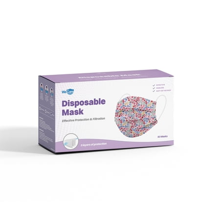 WeCare Disposable Face Mask, 3-Ply with Ear Loop (50 Individually Wrapped) - Floral