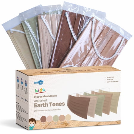WeCare Disposable Face Mask, 3-Ply with Ear Loop (50 Individually Wrapped) - For KIDS - Assorted Earth Tones