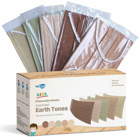 WeCare Disposable Face Mask, 3-Ply with Ear Loop (50 Individually Wrapped) - For KIDS - Assorted Earth Tones