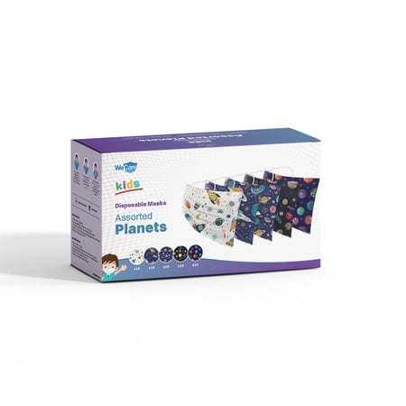 WeCare Disposable Face Mask, 3-Ply with Ear Loop (50 Individually Wrapped) - For KIDS - Assorted Planets Print