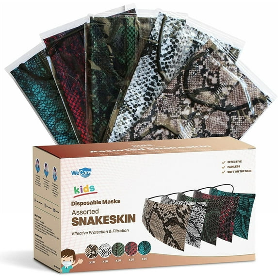 WeCare Disposable Face Mask, 3-Ply with Ear Loop (50 Individually Wrapped) - For KIDS - Assorted Snake Skin