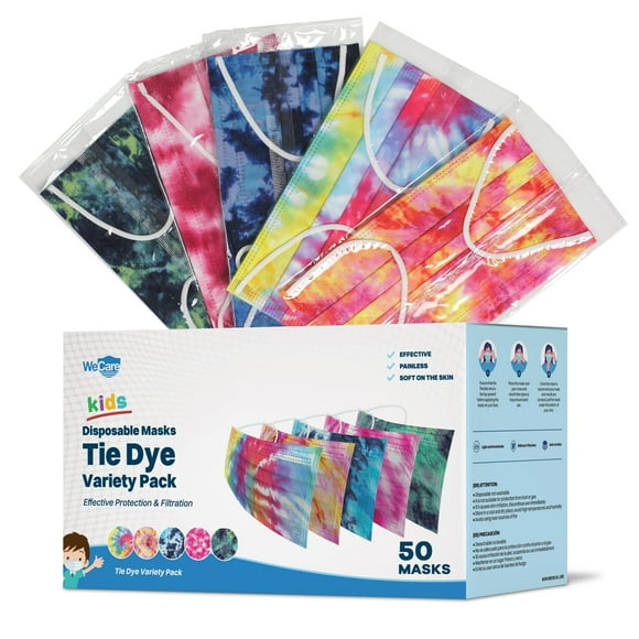 WeCare Disposable Face Mask, 3-Ply with Ear Loop (50 Individually Wrapped) - For KIDS - Assorted Tie Dye
