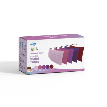 WeCare Disposable Face Mask, 3-Ply with Ear Loop (50 Individually Wrapped) - For KIDS - Assorted Violet Print