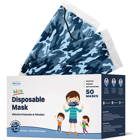 WeCare Disposable Face Mask, 3-Ply with Ear Loop (50 Individually Wrapped) - For KIDS - Blue Camo