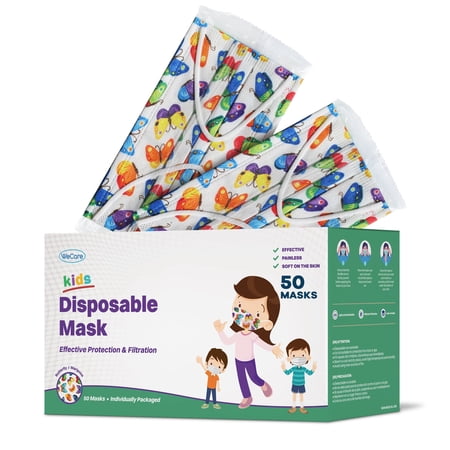 WeCare Disposable Face Mask, 3-Ply with Ear Loop (50 Individually Wrapped) - For KIDS - Butterfly Print