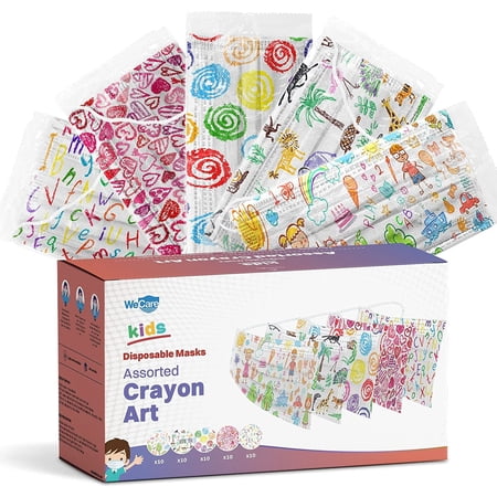 WeCare Disposable Face Mask, 3-Ply with Ear Loop (50 Individually Wrapped) - For KIDS - Crayons