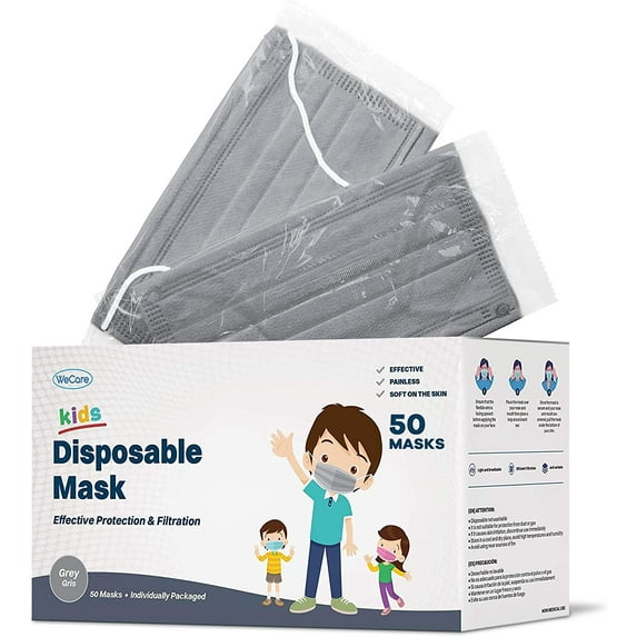 WeCare Disposable Face Mask, 3-Ply with Ear Loop (50 Individually Wrapped) - For KIDS - Gray