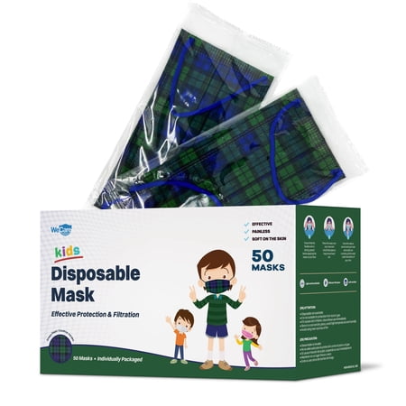 WeCare Disposable Face Mask, 3-Ply with Ear Loop (50 Individually Wrapped) - For KIDS - Green Plaid