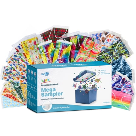 WeCare Disposable Face Mask, 3-Ply with Ear Loop (50 Individually Wrapped) - For KIDS - Mega Sampler