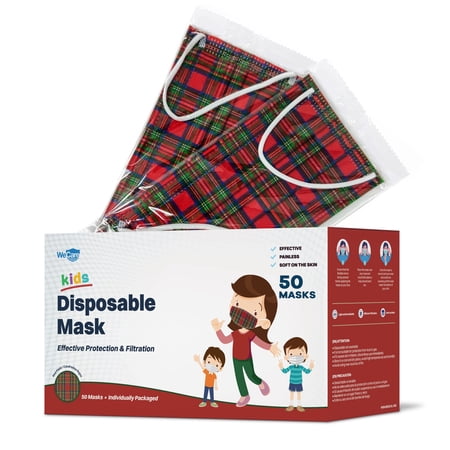 WeCare Disposable Face Mask, 3-Ply with Ear Loop (50 Individually Wrapped) - For KIDS - Red Plaid