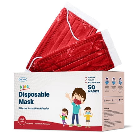 WeCare Disposable Face Mask, 3-Ply with Ear Loop (50 Individually Wrapped) - For KIDS - Red