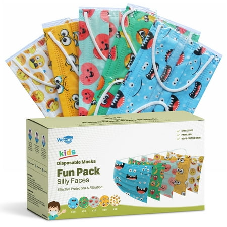 WeCare Disposable Face Mask, 3-Ply with Ear Loop (50 Individually Wrapped) - For KIDS - Silly Faces