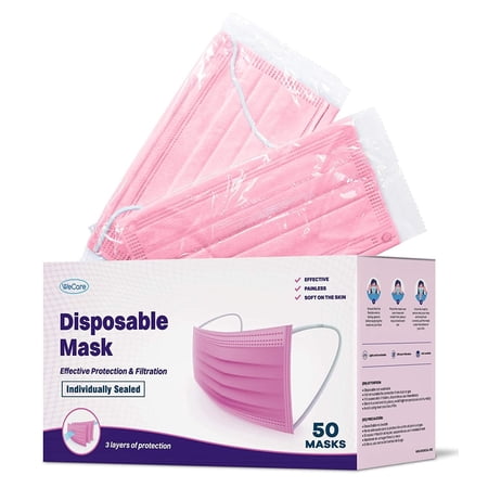 WeCare Disposable Face Mask, 3-Ply with Ear Loop (50 Individually Wrapped) - Hot Pink