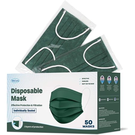 WeCare Disposable Face Mask, 3-Ply with Ear Loop (50 Individually Wrapped) - Hunter Green