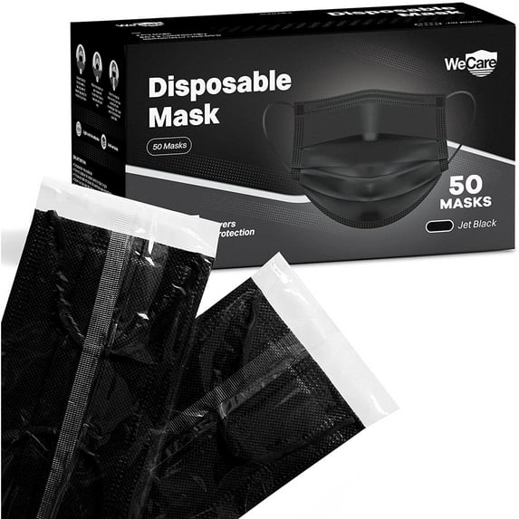 WeCare Disposable Face Mask, 3-Ply with Ear Loop (50 Individually Wrapped) - Jet Black