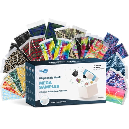 WeCare Disposable Face Mask, 3-Ply with Ear Loop (50 Individually Wrapped) - Mega Sampler