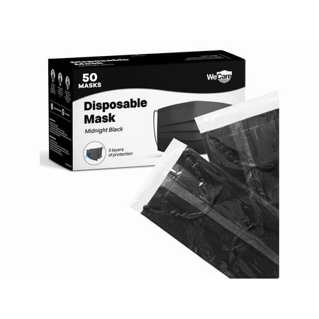 WeCare Disposable Face Mask, 3-Ply with Ear Loop (50 Individually Wrapped) - Midnight Black