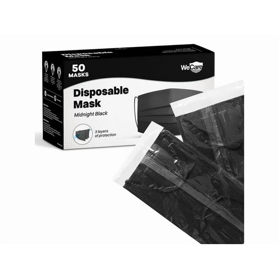 WeCare Disposable Face Mask, 3-Ply with Ear Loop (50 Individually Wrapped) - Midnight Black