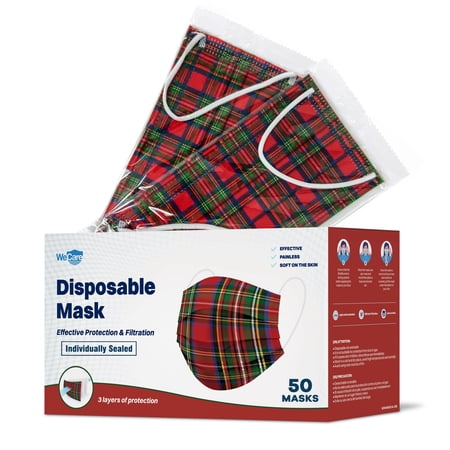 WeCare Disposable Face Mask, 3-Ply with Ear Loop (50 Individually Wrapped) - Red Plaid