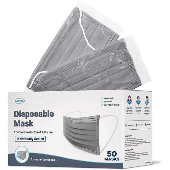 WeCare Face Masks - Box of 50, 3-Ply, Individually-Wrapped - Gray