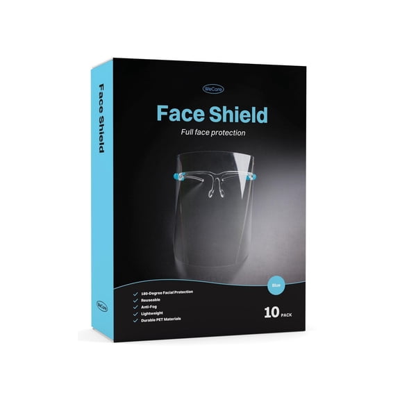 WeCare Face Shield Blue Eyeglasses Frame - Full Face Protection - Pack of 10 (includes Cleaning Cloth)