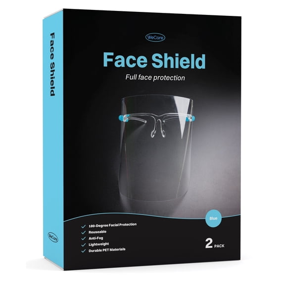 WeCare Face Shield Blue Eyeglasses Frame - Full Face Protection, Clear, No Fog, Comfortable, Lightweight, 180-Degree Facial Protection - Pack of 2 (includes Cleaning Cloth)