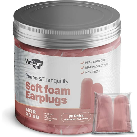 WeCare Individually Wrapped Soft Foam Earplugs - 30 Pairs - 33dB - Comfortable Ear Plugs for Sleeping, Construction