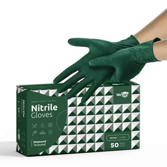 WeCare Nitrile Gloves 8 Mil - Heavy Duty Gloves with Diamond Texture Grip - Powder and Latex Free Disposable Gloves - Large - 50 Count - Green