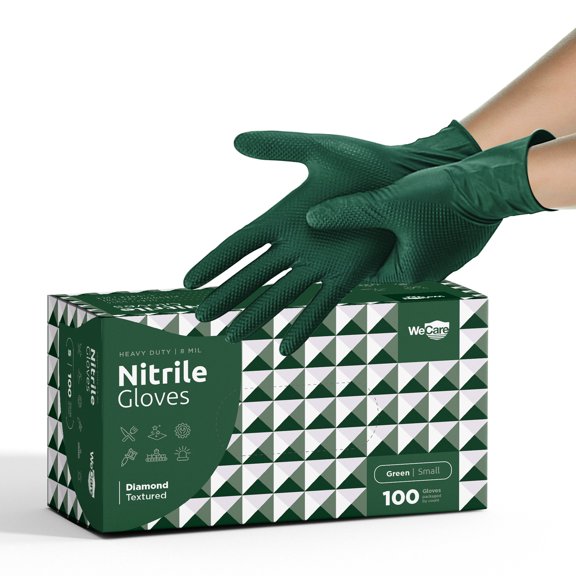 WeCare Nitrile Gloves 8 Mil - Heavy Duty Gloves with Diamond Texture Grip - Powder and Latex Free Disposable Gloves - Small - 100 Count - Green