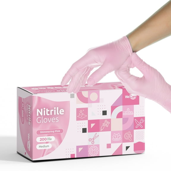 WeCare Nitrile Latex Free & Powder Free Disposable Gloves - Shimmering Pink - Box of 200 Gloves (Medium)