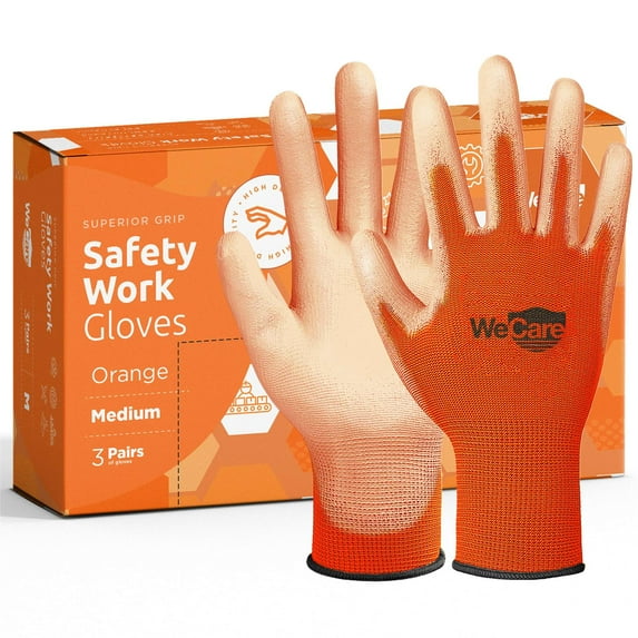 WeCare Safety Work Gloves PU Coated, Superior Grip (Medium) - 3-Pair - Orange